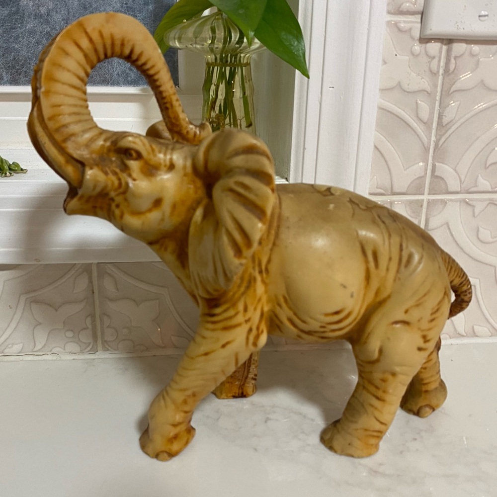 Vintage Alabaster Elephant Statue With Lucky Upturned Trunk made in Italy 11x10”